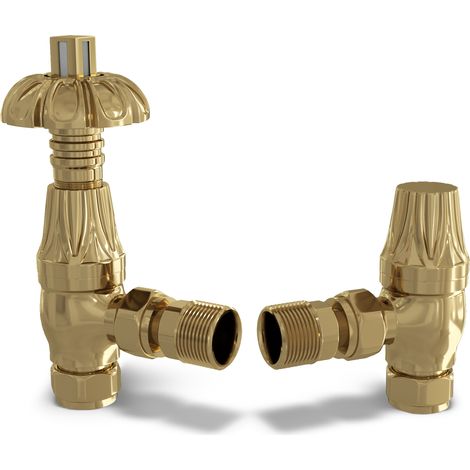 Signature Metal Head - Polished Brass Thermostatic Radiator Valve & Lockshield Angled 8mm