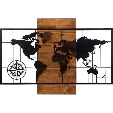 Hanah Home – Décoration murale en métal noir et bois MDF Mappemonde – Dimensions L85 x H58 cm – Design artistique moderne pour intérieur (1/6)