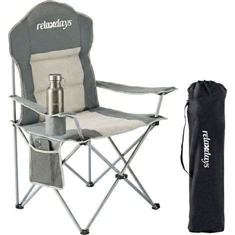 Relaxdays camping chair, folding, carry bag, drink holder, 160 kg, padded seat, polyester, metal, grey