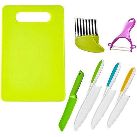 Kit de découpe pour enfants 7 pièces avec coupe-fruits et légumes ondulés, éplucheur, planche à découper, ustensiles de cuisine en plastique sûr pour les tout-petits. (1/5)