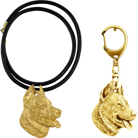 Beauceron Berger Français - porte-clés et collier représentant un chien dans une boîte, produit plaqué or de haute qualité, marque Art-Dog (1/5)