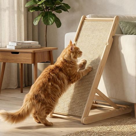Griffoir pour chat pliable en bois avec tapis en sisal naturel, inclinable sur 5 angles, protecteur de meubles pour chat