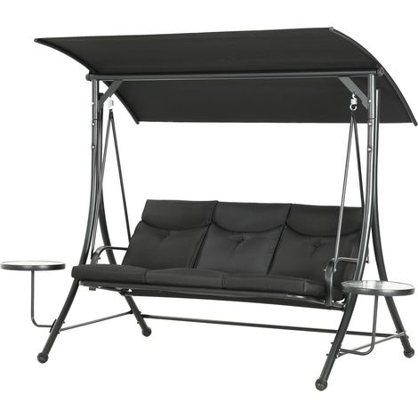 Hollywoodschaukel mit Couchtische, 3-Sitzer Gartenschaukel mit verstellbarem Sonnendach, Schaukelbank belast bis 300kg, für Garten, Terrasse, 271 x 125 x 177 cm, Schwarz Aosom