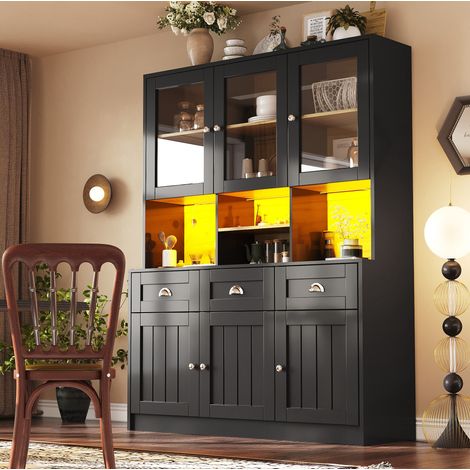 MEUBLIV Buffet haut 140x40x175 cm noir – LED multicolore et rangements réglables (1/5)