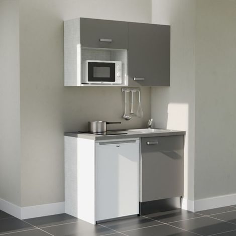 Kitchenette K07L-PT - 120 cm - plan stratifié, évier inox, - Façade Gris - Plan Gris béton - Evier Inox - Crédences Non + Electroménager inclus coloris Blanc