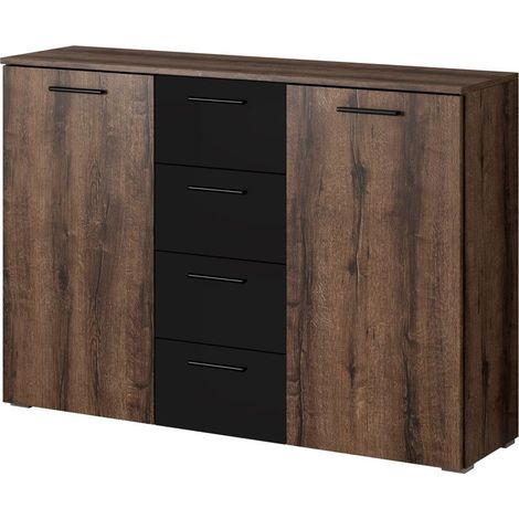 Credenza design con 2 ante e 4 cassetti 130cm. Collezione EOS in colore rovere scuro e nero. (1/4)