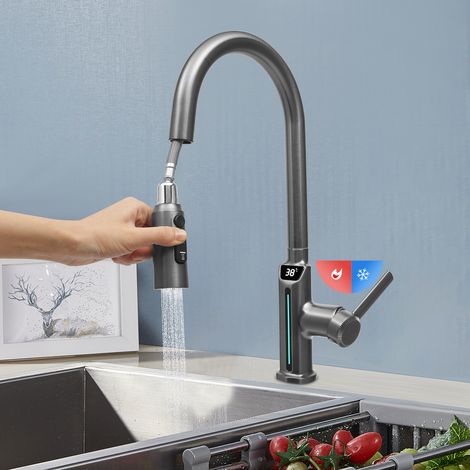 Robinet cuisine numérique - Mitigeur avec affichage LED - Gris - acier inoxydable - Robinet à bec rétractable - 3 débits - Extractible 40 cm - Pour cuisine