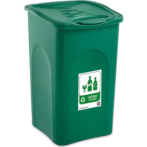 Bidone verde 50LT con Coperchio + etichetta vetro per la Raccolta Differenziata Pattumiera Cestino contenitore Multiuso Made in Italy da interno o esterno casa giardino terrazzo locali commerciali (1/4)