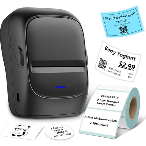 Étiqueteuse avec ruban : Imprimante d'étiquettes thermique sans encre 221B, étiqueteuse de codes-barres portable Bluetooth 2 pouces, compatible avec les téléphones (1/5)