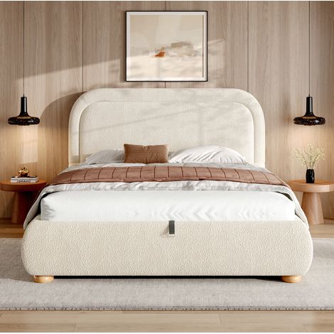 Cama tapizada doble 140x200 cm con canapé hidráulico, somier y cabecero, bouclé beige OKWISH (1/5)