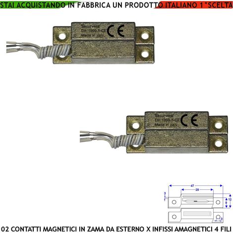 Contatto Magnetico Zama da Esterno Con Alette Forate di Fissaggio 2 Pezzi Reed Sottovuoto Sensibilità Magnetica 10 mm Tensione Max 30 V 10 W Carico Resistivo Pr. IP65 Uscita 4 Fili 2 NC 2 Tamper IP65