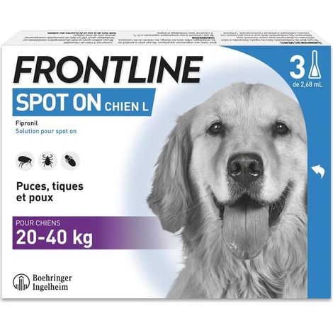 Frontline Spot on Chien - Anti Puces, Anti-Tiques et Poux - Élimine Puces Pendant 8 Semaines-Tiques Pendant 4 Semaines - pour Chien 20 à 40 kg - Fabriqué en France - 3 Pipettes (1/5)