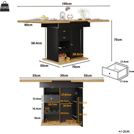 Table extensible (110-140×80cm), table de cuisine pliable pour 4-6 personnes, table à manger escamotable, gain de place, idéale cuisine et salon, avec étagère à snacks et porte-bouteilles (1/5)