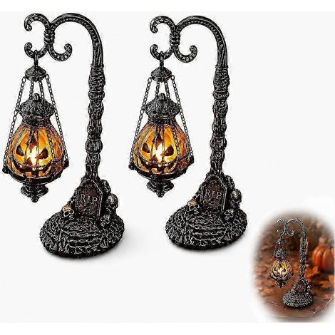 Lanterne citrouille LED d'Halloween, lampe de table suspendue style gothique vintage Jack O'Lantern avec détails de crâne et base en forme de pierre tombale RIP pour décoration de maison hantée (2 piè (1/5)