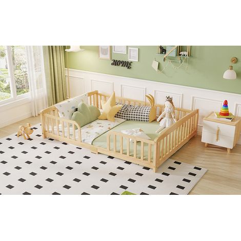 Lit montessori 140x200 cm avec barrières de sécurité, accès central, sommier en pin massif naturel, garde-corps inclus, lit au sol pour enfant. (1/5)