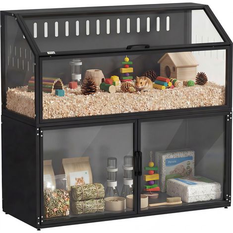 Cage 2 en 1 meuble rangement hamsters souris acier acrylique habitat rongeurs moderne noir