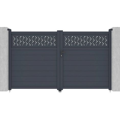 Cancello a battente elettrico in alluminio semi-pieno con motivi - L 305 x A 180 cm - Antracite - BAZIO (1/5)