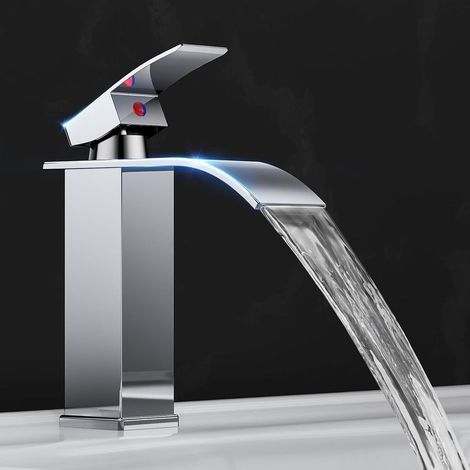 Salle de Bain,Mitigeur Lavabo Cascade en Acier Inoxydable,Mitigeur en Laiton,Eau Chaude et Froide Disponible,Economiseur d'eau, chromé (Comprend un tuyau de 60 cm) (1/5)