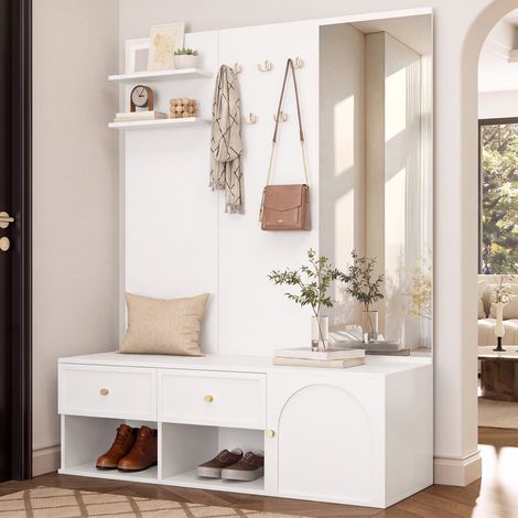Ensemble de rangement pour entrée, porte-manteau mural avec tiroirs, compartiment armoire et étagère flottante, panneau à 5 crochets, miroir et banc inclus, blanc, 120 x 35 x 159 cm (1/5)