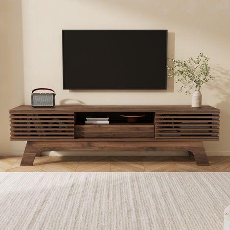 Mueble tv 150x35x44 cm mesa de salón con puertas de listones en mdf cajón y pasacables estilo moderno nogal (1/5)
