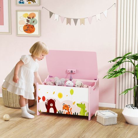 Spielzeugkiste für Kinder, Aufbewahrungsbox mit Klappdeckel und Tiermotiv, 60 x 37 x 39 cm, rosa (1/5)