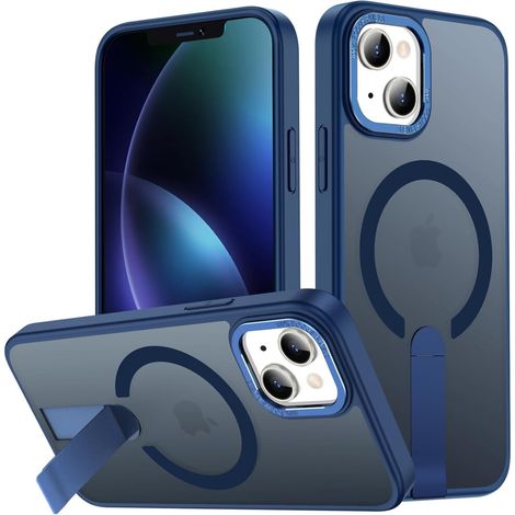 Custodia per iPhone 14 con supporto e MagSafe - Antiscivolo, antiurto, di livello militare, ultrasottile e traslucida, con chiusura magnetica (blu) (1/2)
