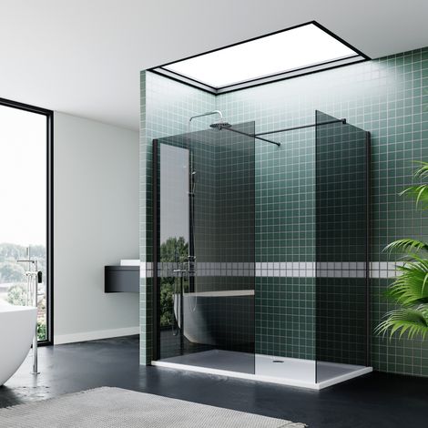 ELEGANT 760mm Grey Reversible Walk in Shower Cubicle + 700mm Side Shower Screen Shower Cabin and 1400x700mm Shower Base Tray + Free Trap + Double Stainless Steel Support Rod (1/5)