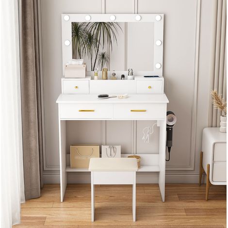 Tocador de MDF blanco con espejo, LED de 3 tonos, 4 cajones y taburete acolchado (1/5)