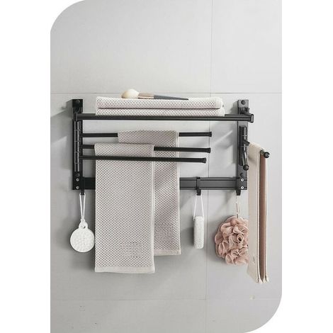 Wall-Mounted Aluminum Swivel Towel Rack - Movable Hooks and 90° Shelf - No Drilling - Space Saving Laundry and Bathroom (40cm 5 Rods Black) (1/5)