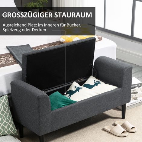 Banc coffre capitonné aspect lin, banquette de rangement avec pieds en bois, charge max 130 kg, pour salon, chambre, couloir, 116 x 44 x 58 cm, gris foncé
