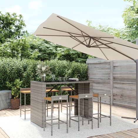 7 pcs Ensemble de bar de jardin avec coussins, Salon de jardin, Tabourets et Table gris poly rotin/bois massif acacia MKW732910 (1/5)