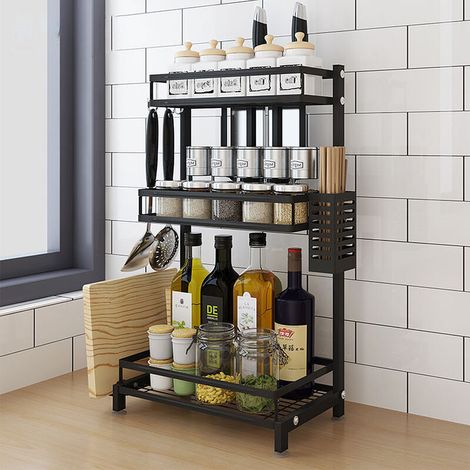Étagère à épices à trois niveaux, étagère de rangement de comptoir de cuisine en acier inoxydable, robuste et durable, optimise l'utilisation de l'espace de la cuisine et est facile à assembler.