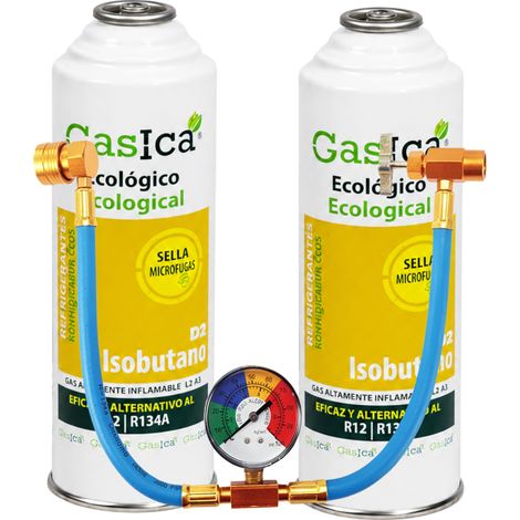 Kit Recarga Gasica D2 Coches 2x226g Sustituto R134a R12 Manguera, Manómetro y Adaptador Gas Ecológico con Trazador