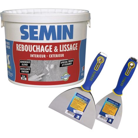 Enduit de rebouchage en pâte spécial fissures et trous de vis Semin - intérieur/extérieur - Seau de 4 kg, un couteau à enduire - 10 cm et un couteau à enduire multifonctions - 15 cm (1/5)