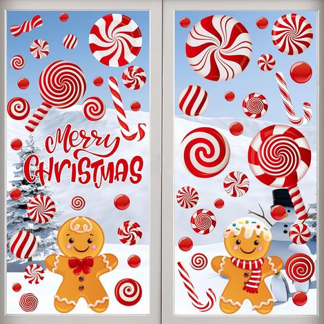 73-teiliges Set wiederverwendbarer Weihnachtsfensteraufkleber, Weihnachtsfensteraufkleber mit roten Süßigkeiten, abnehmbare doppelseitige Aufkleber für DIY-Weihnachtsfensterdekorationen, Schaufenster, (1/5)