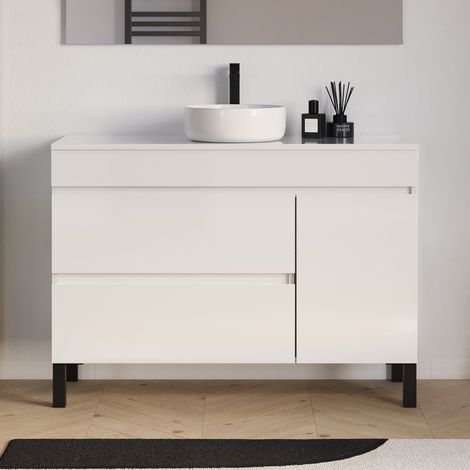 Meuble de salle de bain 120cm avec plateau et vasque à poser ronde - porte et tiroirs - sans miroir - blanc brillant - LAZARO (1/5)