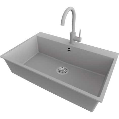 PRIMAGRAN Evier Cuisine en Granit 78x50cm,Lavabo 1 bac + Robinet 32x20cm + Kit de Vidage, Évier à Encastrer au meuble 80cm - Riga, Gris (1/5)
