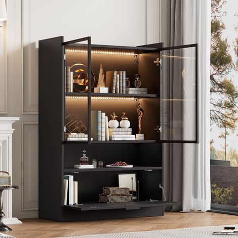 Vitrine en panneaux de particules noir mat avec portes en verre trempé, LED, 80x35x120 cm, abattant (1/5)