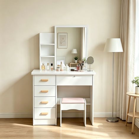 Ensemble Coiffeuse Table de Maquillage 80l x 35P x 128H cm Blanc Avec Miroir et Tabouret, Tiroir, Armoire de Rangement, 3 Étagère, pour la Chambre à Coucher (1/5)