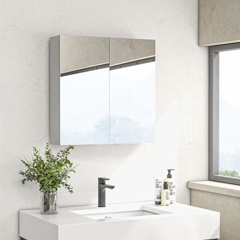 Armoire miroir de salle de bain murale, 2 portes 3 niveaux étagère réglable, 60x15x60cm, blanc