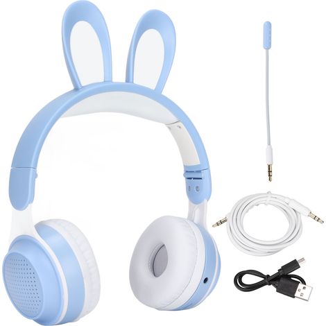 Écouteurs Bluetooth sans fil pliables avec oreilles de lapin, compatibles TF/Aux, lumières LED, Bluetooth 5.0, universels pour téléphones portables et ordinateurs, bleus. (1/5)