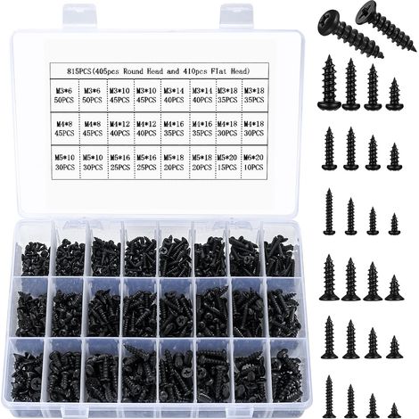 815 Pcs Vis Autotaraudeuses pour Métal Noires M3 M4 M5 M6: 405 Pcs Vis à Tête Ronde et 410 Vis Tete Fraisee cruciforme, Vis à Tôle Auto Fforeuse pour Metal (1/5)
