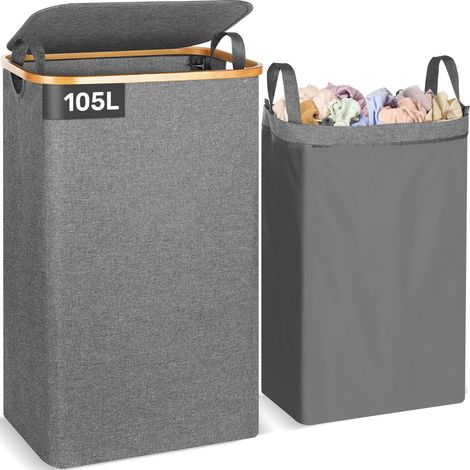 Panier à linge avec couvercle 105L corbeille a linge pliable avec sac à linge amovible panier a linge en bambou bac a linge Laundry baskets Gris (1/5)