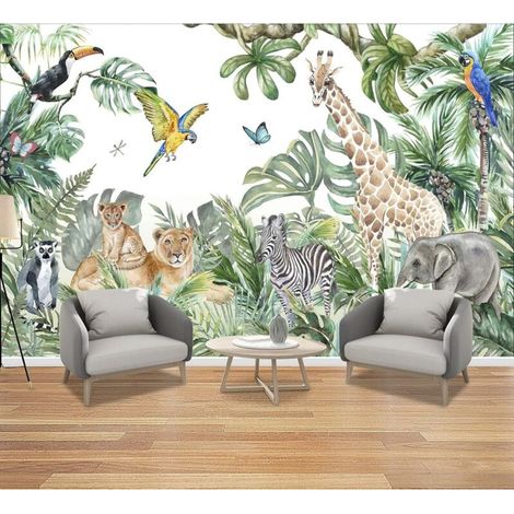 lés de papier peint intissé 200x150cm, motif animaux de la jungle (girafe et éléphant). (1/4)