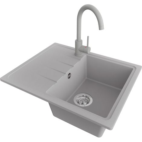 PRIMAGRAN Evier Cuisine en Granit 62x50cm,Lavabo 1 bac + Robinet 32x20cm + Kit de Vidage, Évier à Encastrer au meuble 40cm - Milan, Gris (1/5)