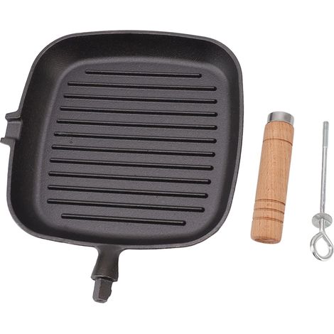 Poêle en fonte carrée avec manche en bois, antiadhésive, non revêtue, idéale pour la cuisson des viandes, steaks et poissons. (1/5)
