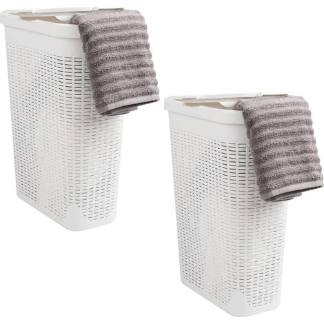 Lot de 2 paniers à linge fins de 40 L, panier à vêtements, couvercle, design en osier, plastique, 45,7 x 26,4 x 59,1 cm (L x l x H), blanc (1/5)