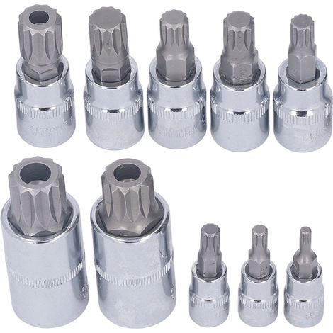Coffret de 10 douilles à triple cannelure carrée M4 à M18 (entraînements 1/4", 3/8" et 1/2") avec embouts CR-V et boîte de rangement