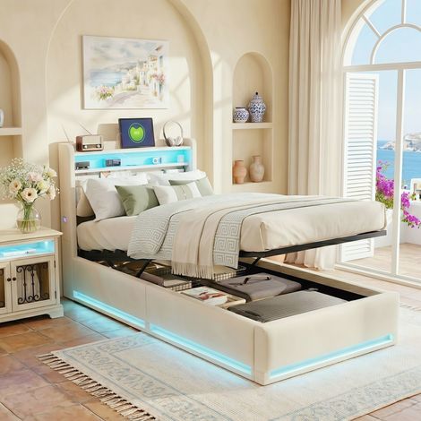 Lit Simple en Velours 90x200 cm - Lit Coffre Adulte avec Tête de Lit Capitonnée Rangement, LED Multicolore, Prises USB/Type-C et Sommier - Beige (1/5)