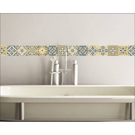 Listel adhésif Celletta, motif carreaux de ciment ancien jaune et bleu, 5x3 cm, 180 cm, décoratif autocollant. (1/2)